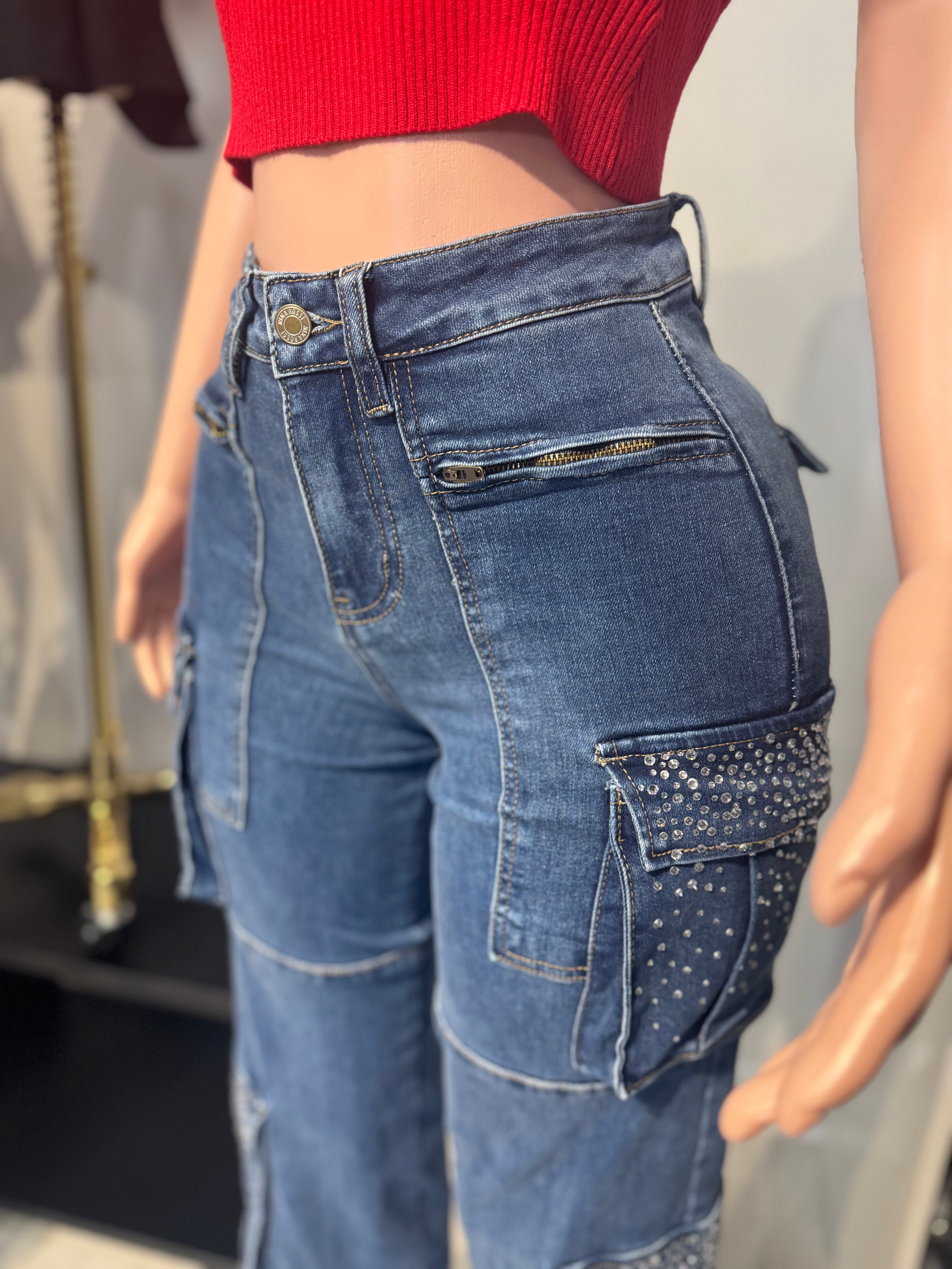 Urbany Blue Jean Cargo Pants With Stone in the Pockets