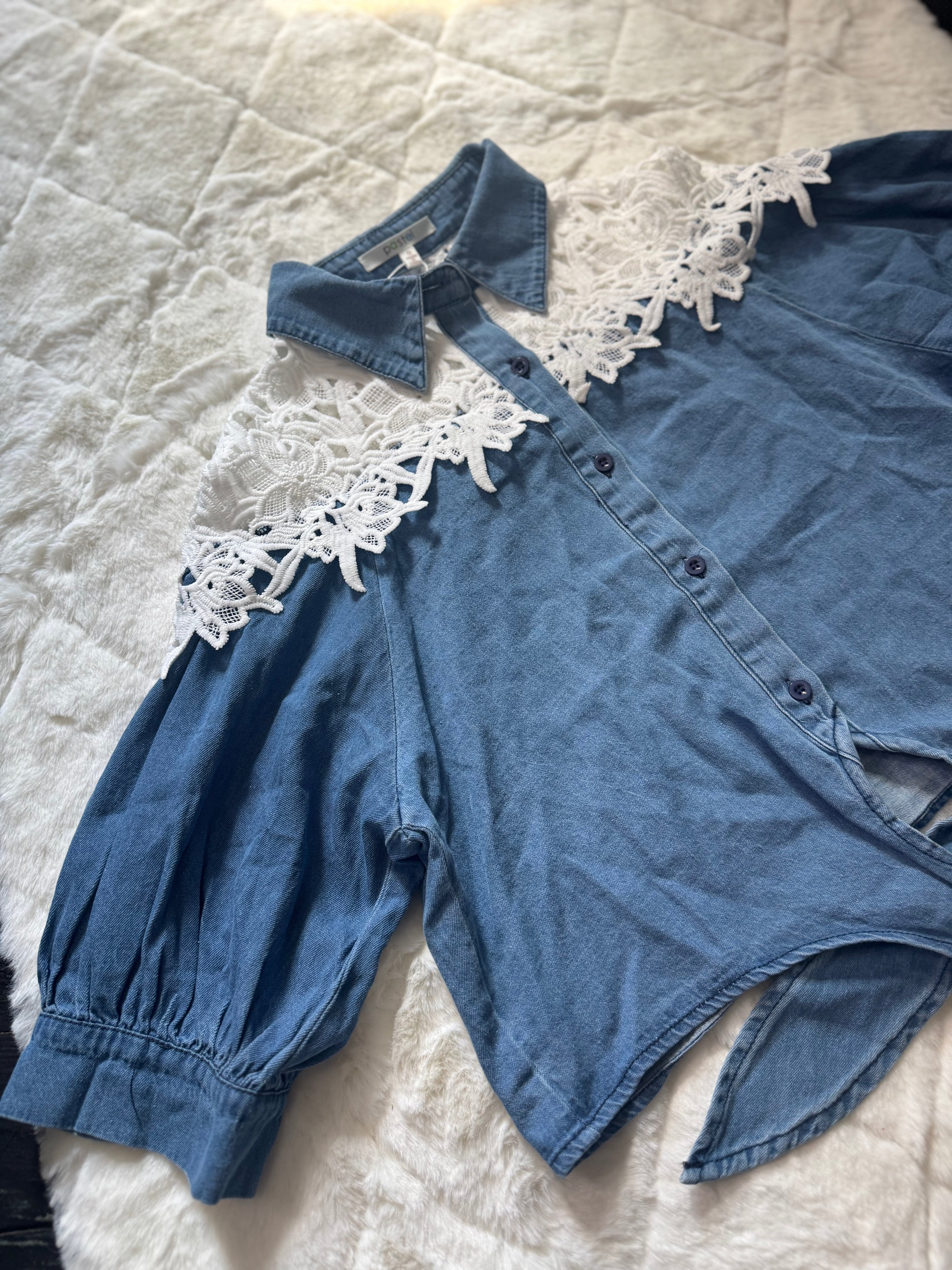JJ14030 Pastel Denim & Crochet Harmony Blouse
