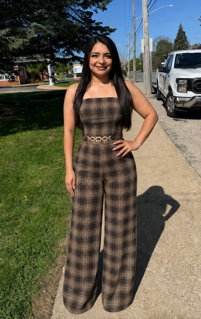 22564 Mocha Plaid Strapless Jumpsuit