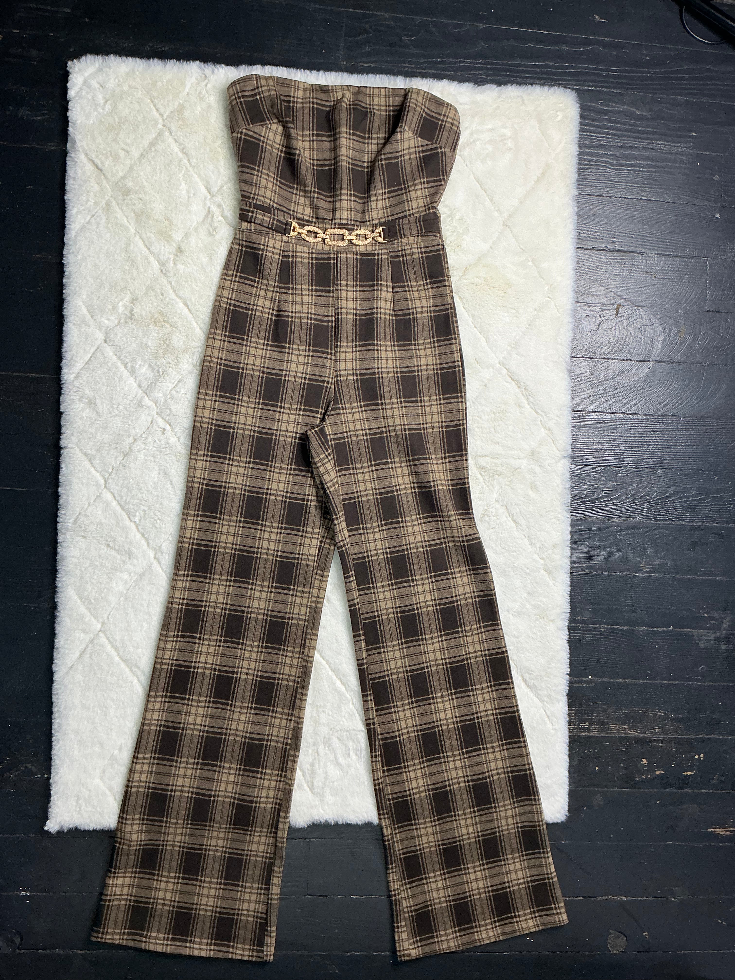 22564 Mocha Plaid Strapless Jumpsuit