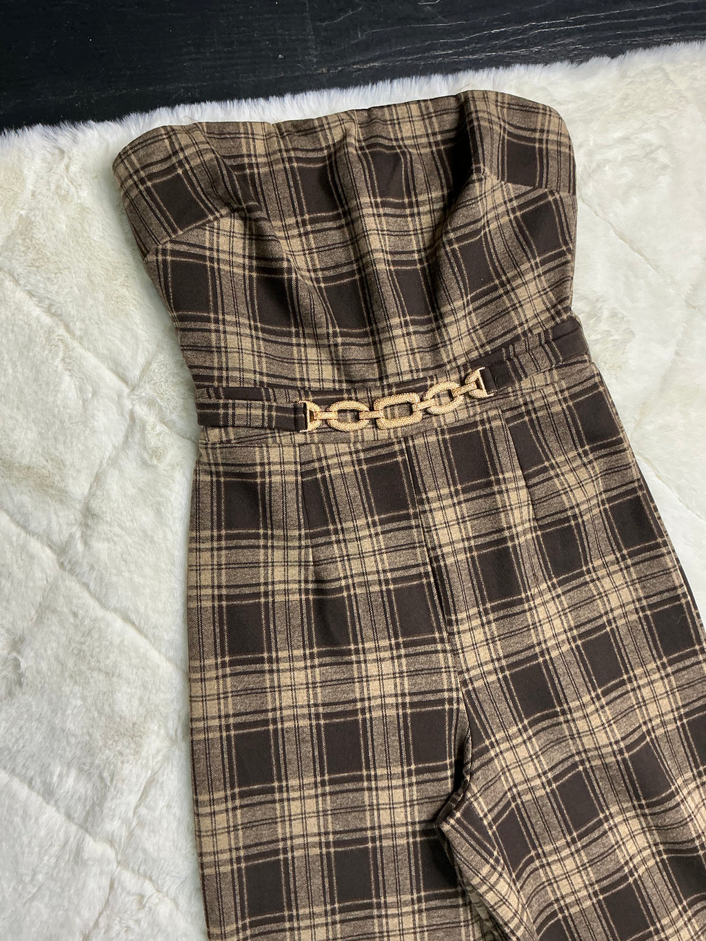 22564 Mocha Plaid Strapless Jumpsuit