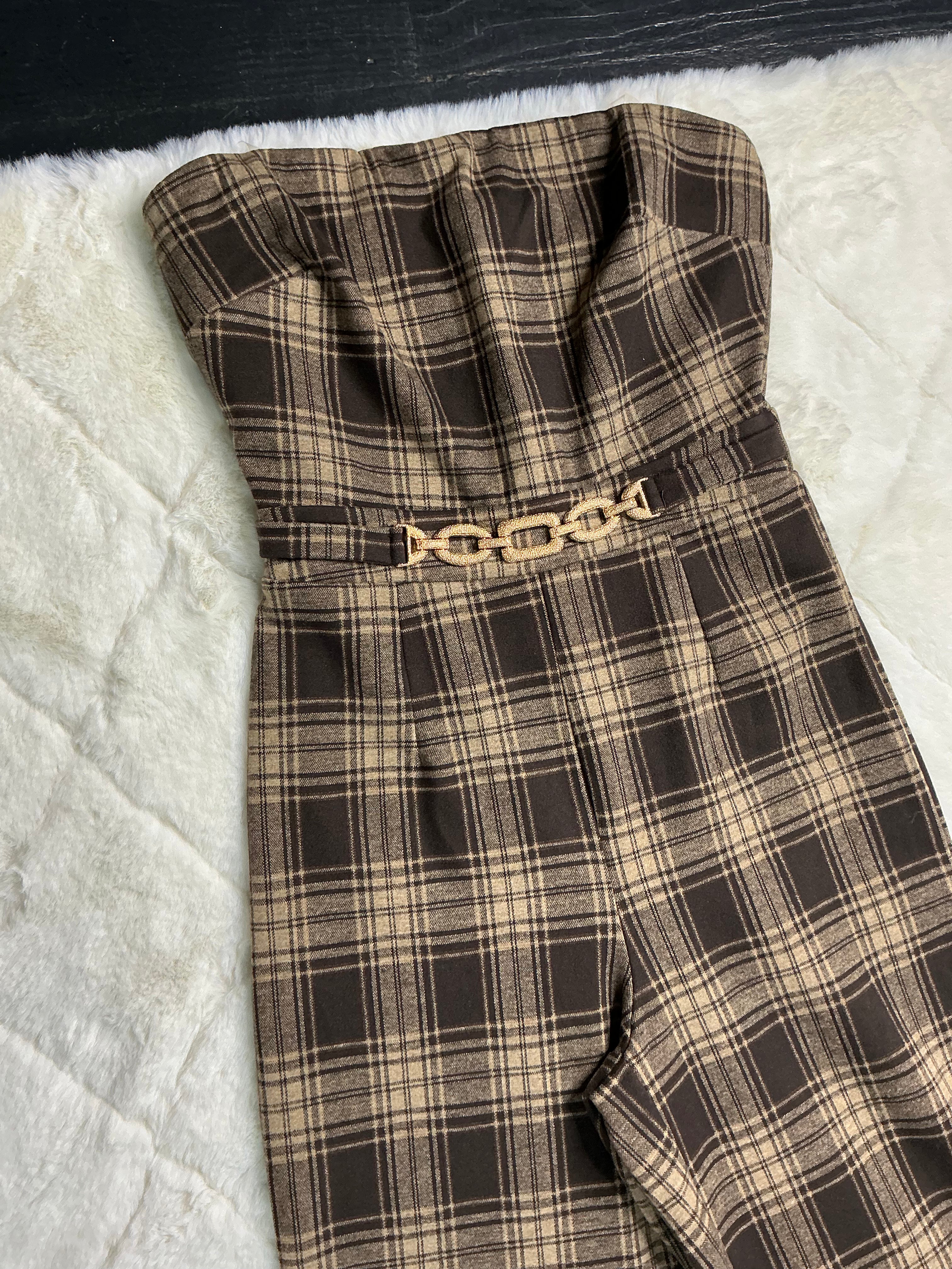 22564 Mocha Plaid Strapless Jumpsuit