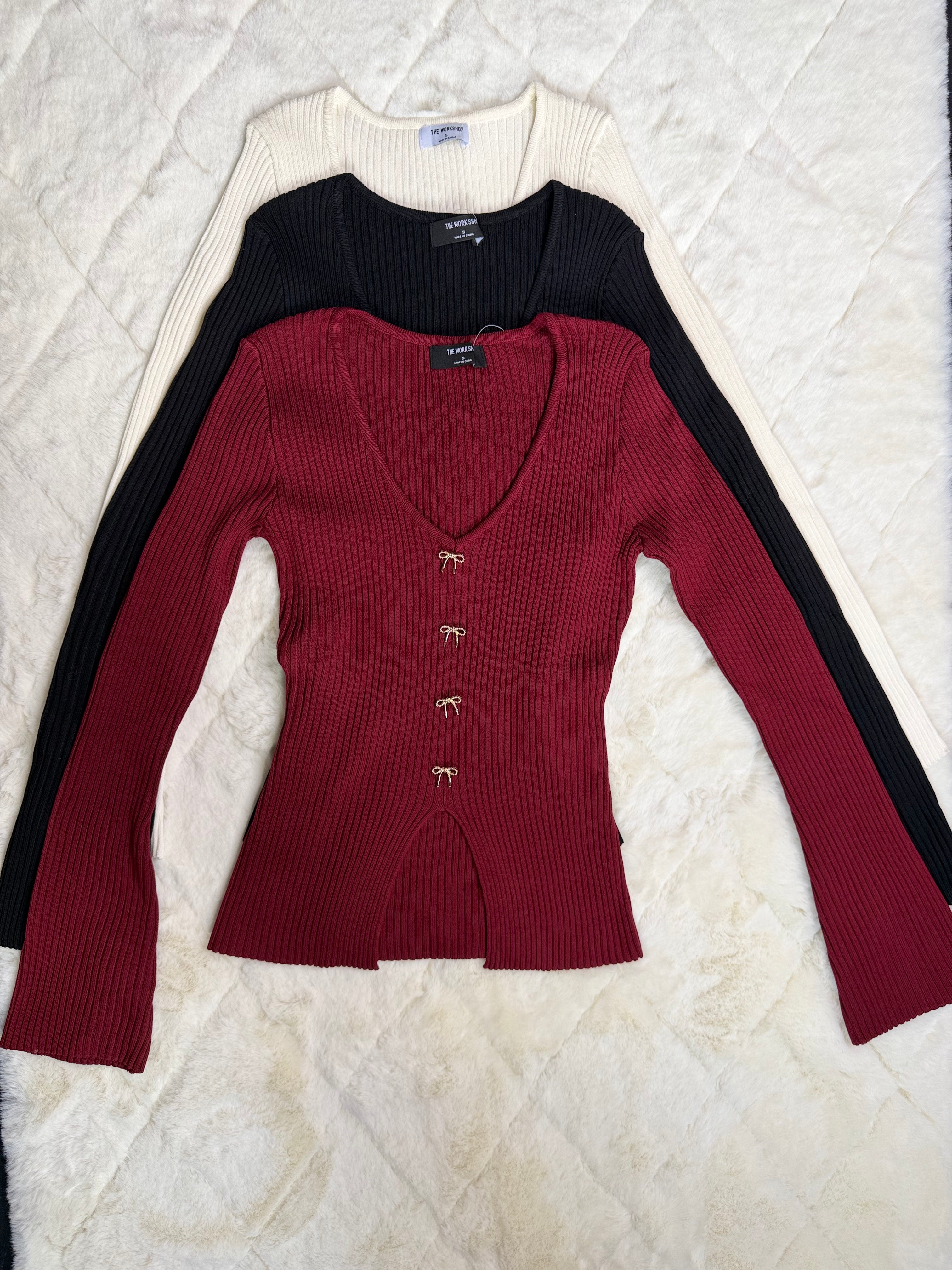 2064 Luna Ribbed Bow-Detail Blouse