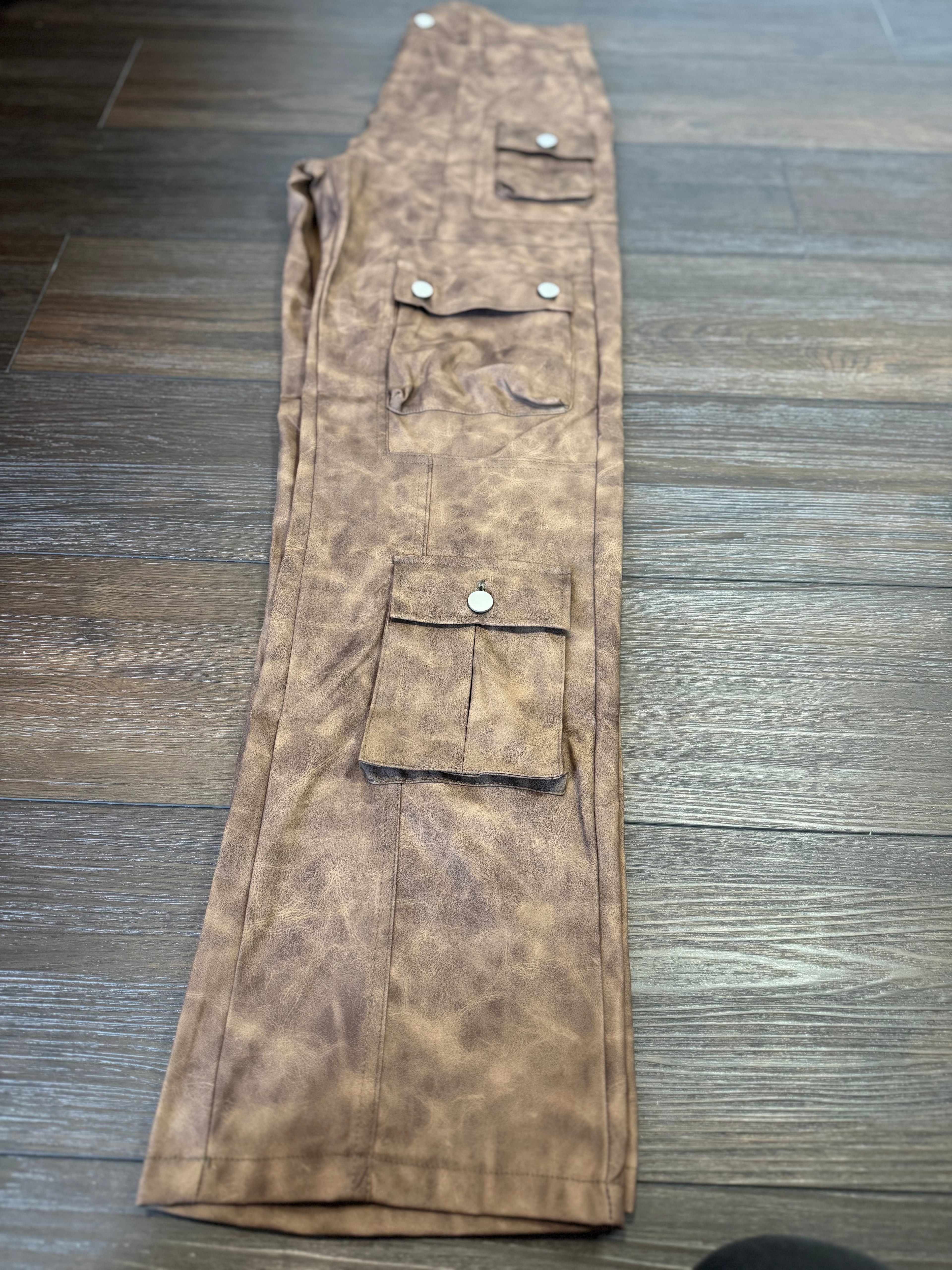 Brown Leather Cargo Straight Pants