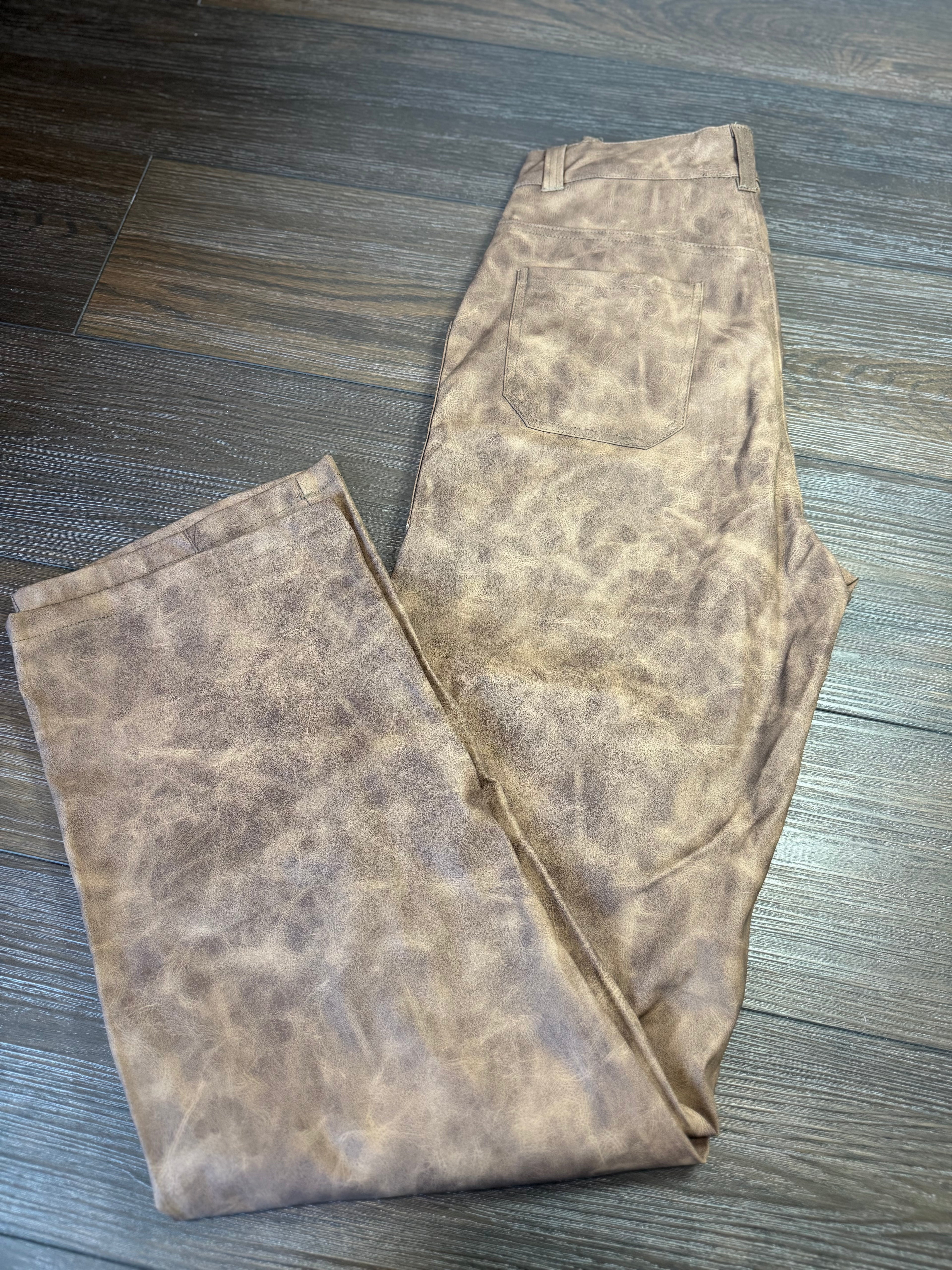 Brown Leather Cargo Straight Pants