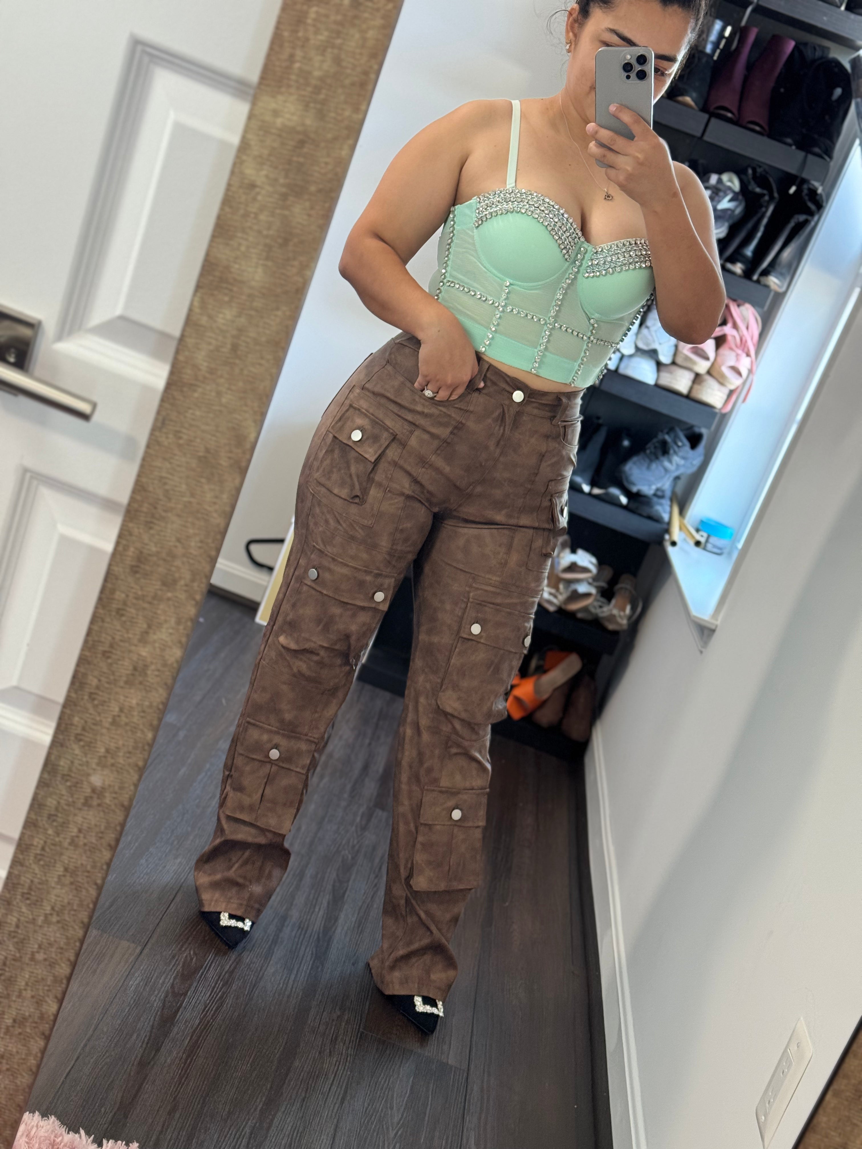 Brown Leather Cargo Straight Pants