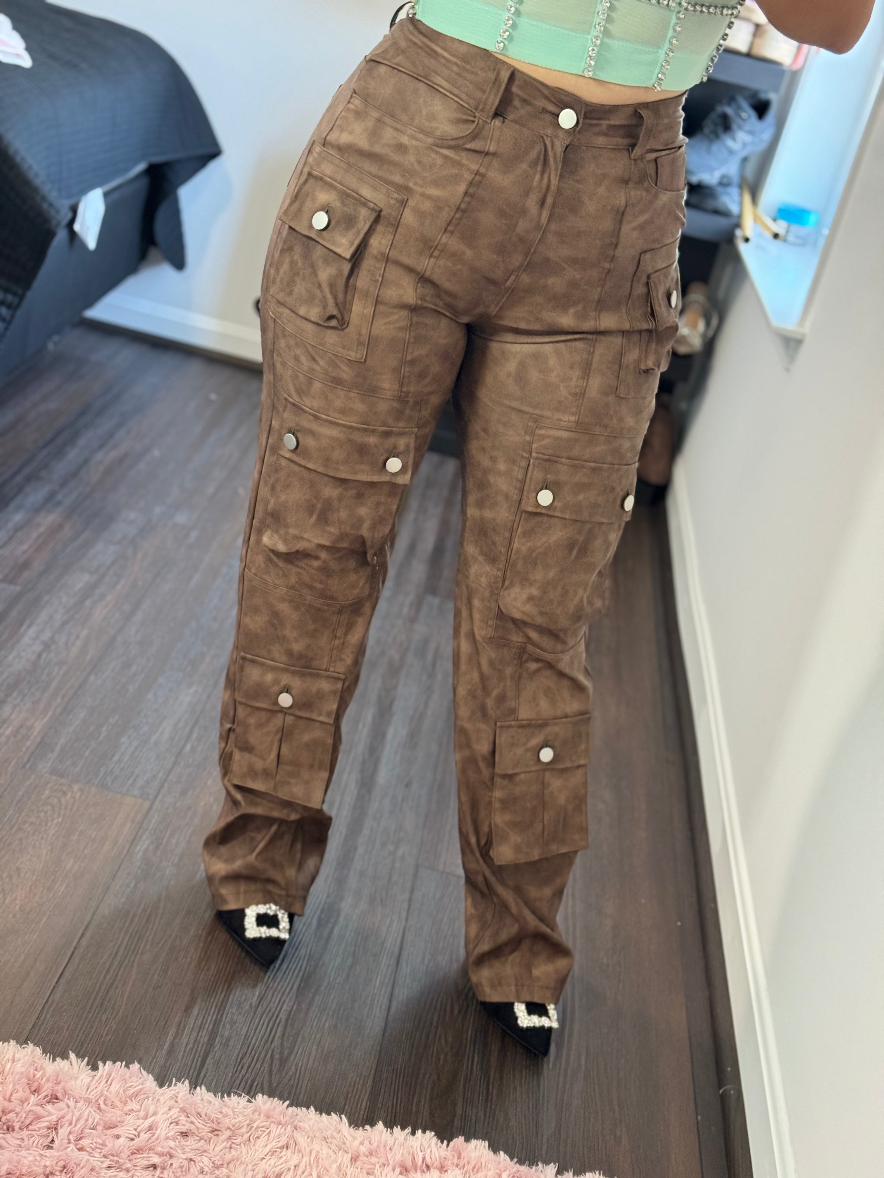 Brown Leather Cargo Straight Pants