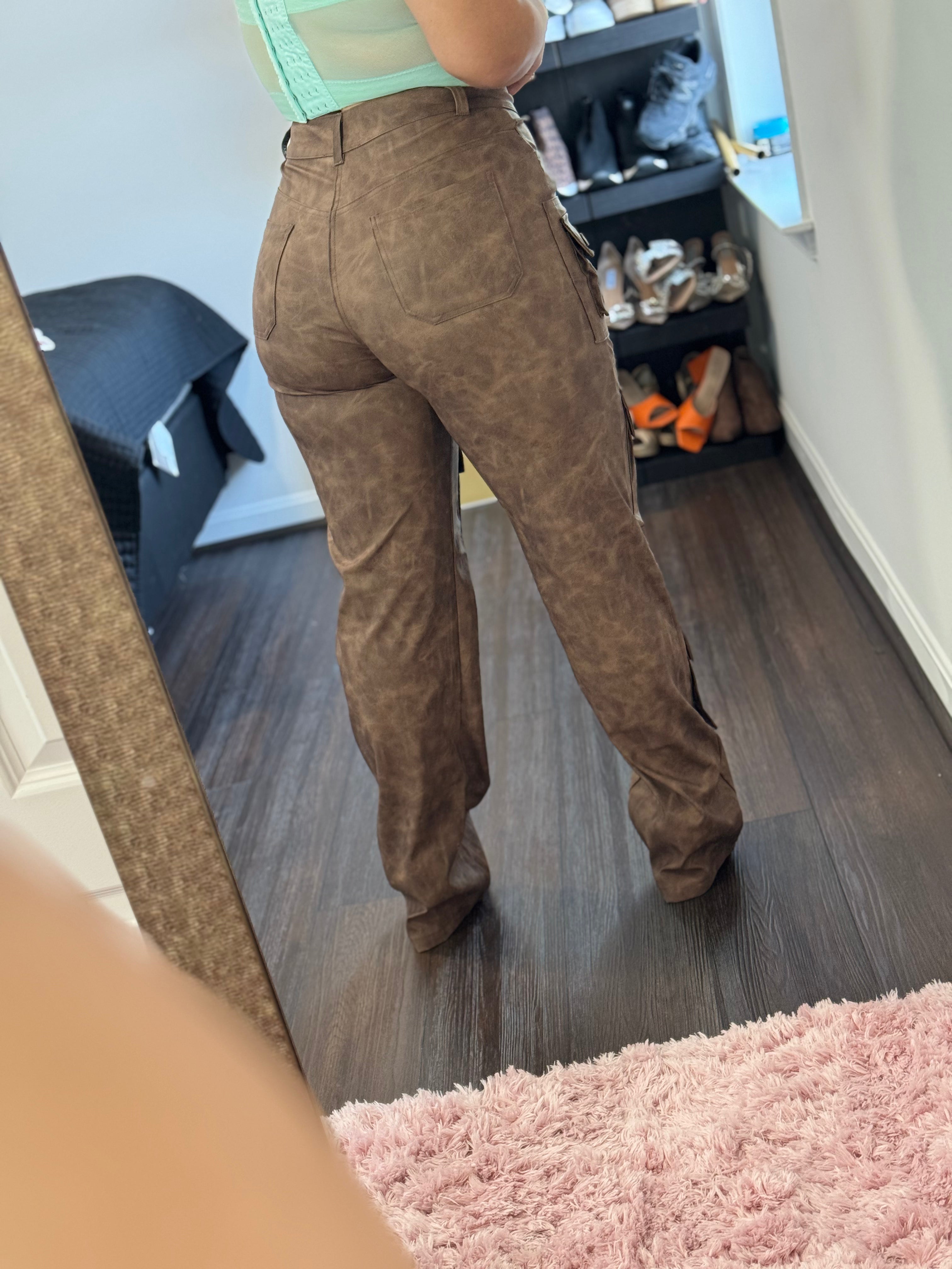 Brown Leather Cargo Straight Pants