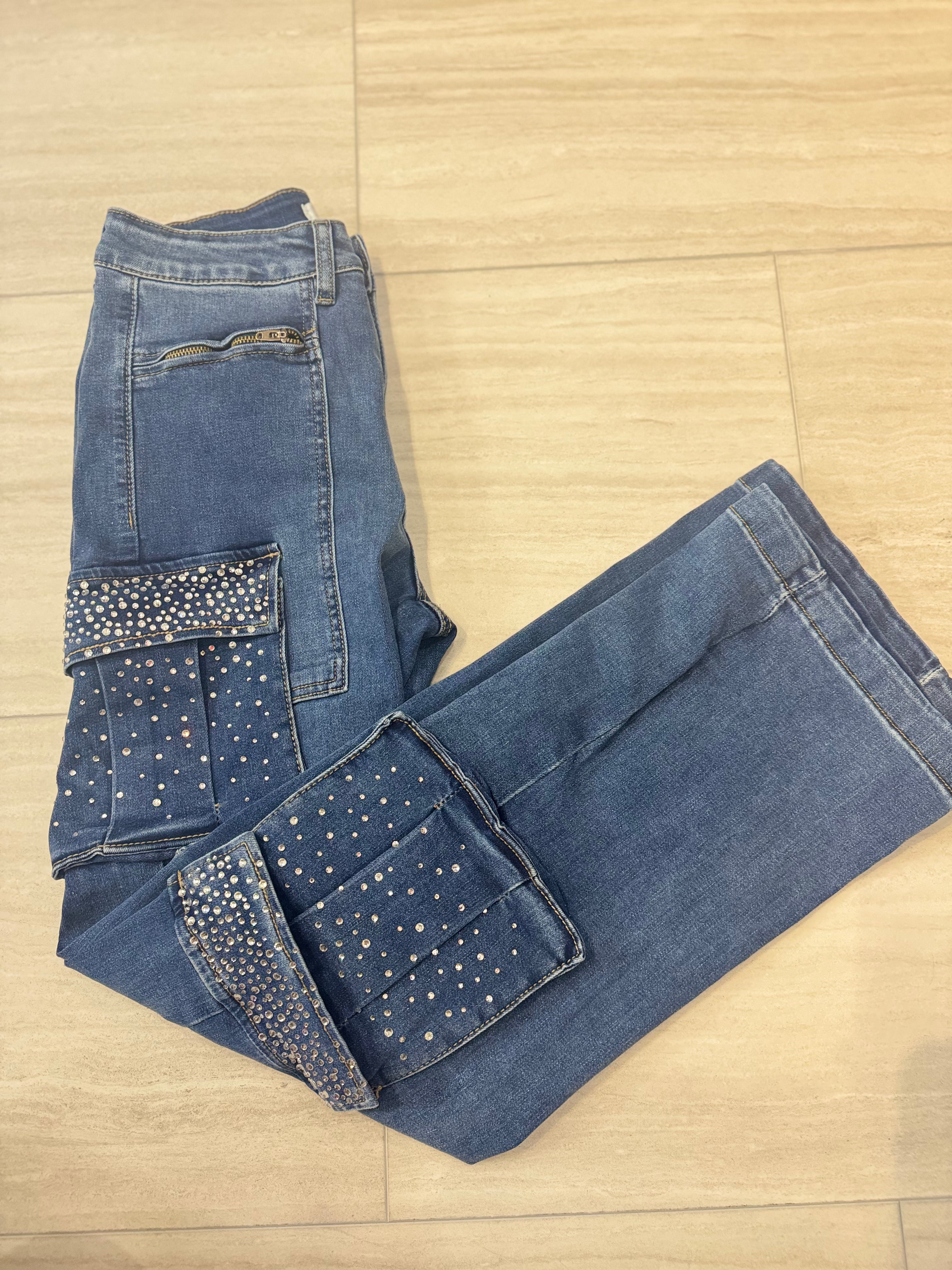 Urbany  Blue Jean Cargo Pants With Stone in the Pockets