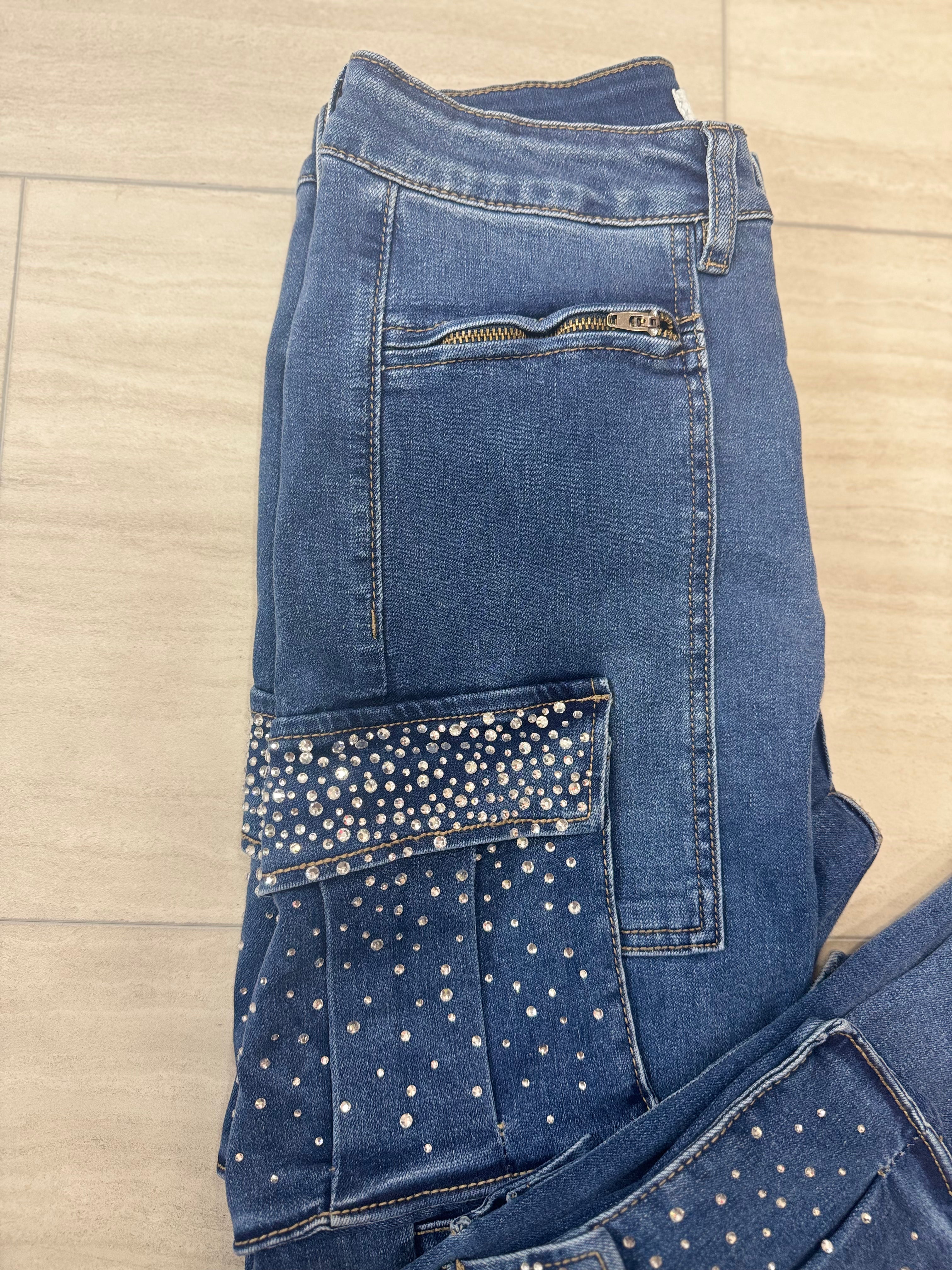 Urbany  Blue Jean Cargo Pants With Stone in the Pockets