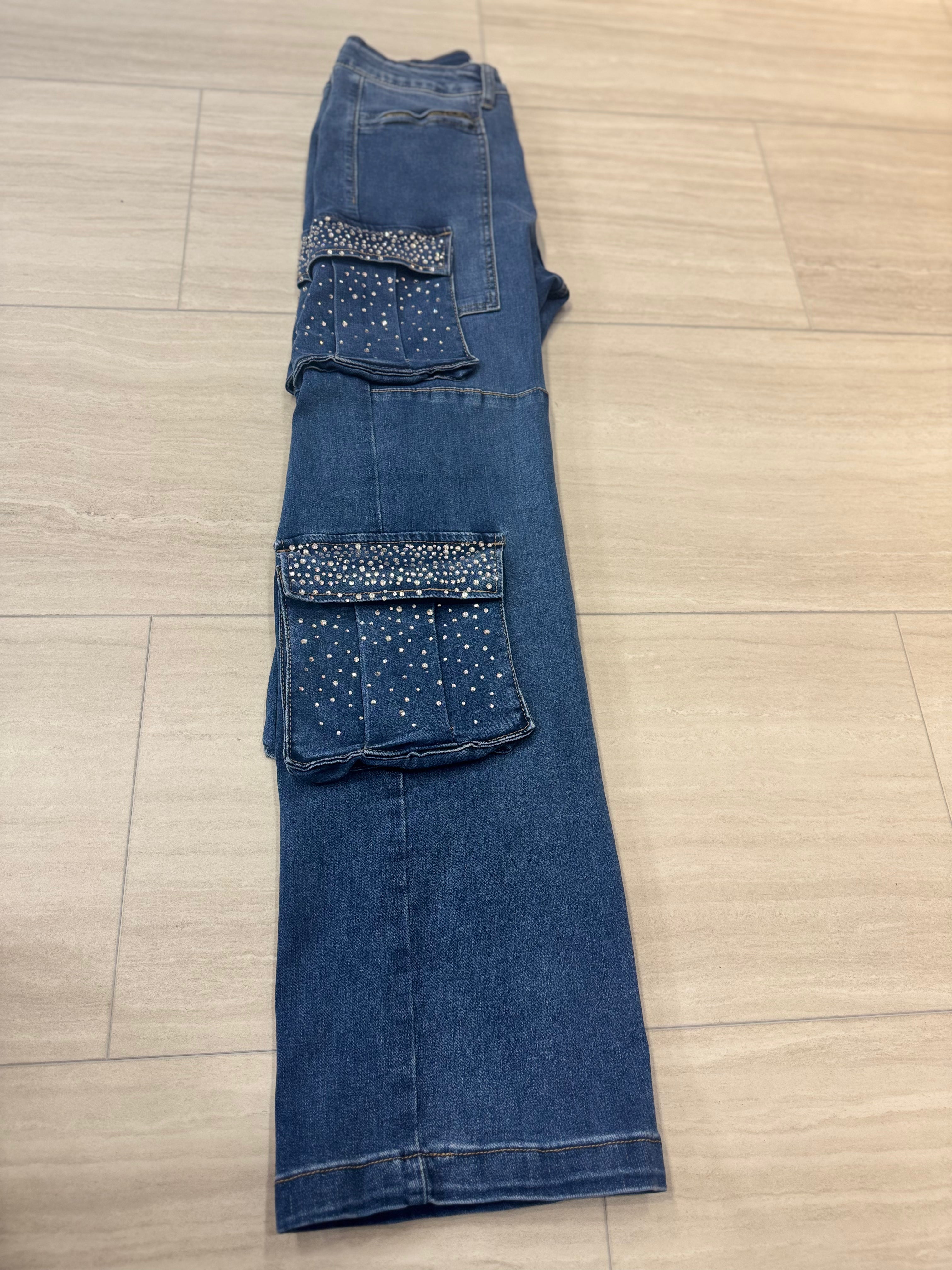Urbany  Blue Jean Cargo Pants With Stone in the Pockets