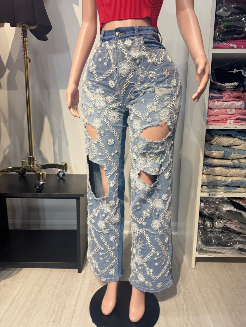 Crystal Urban Straight Jeans with Holes