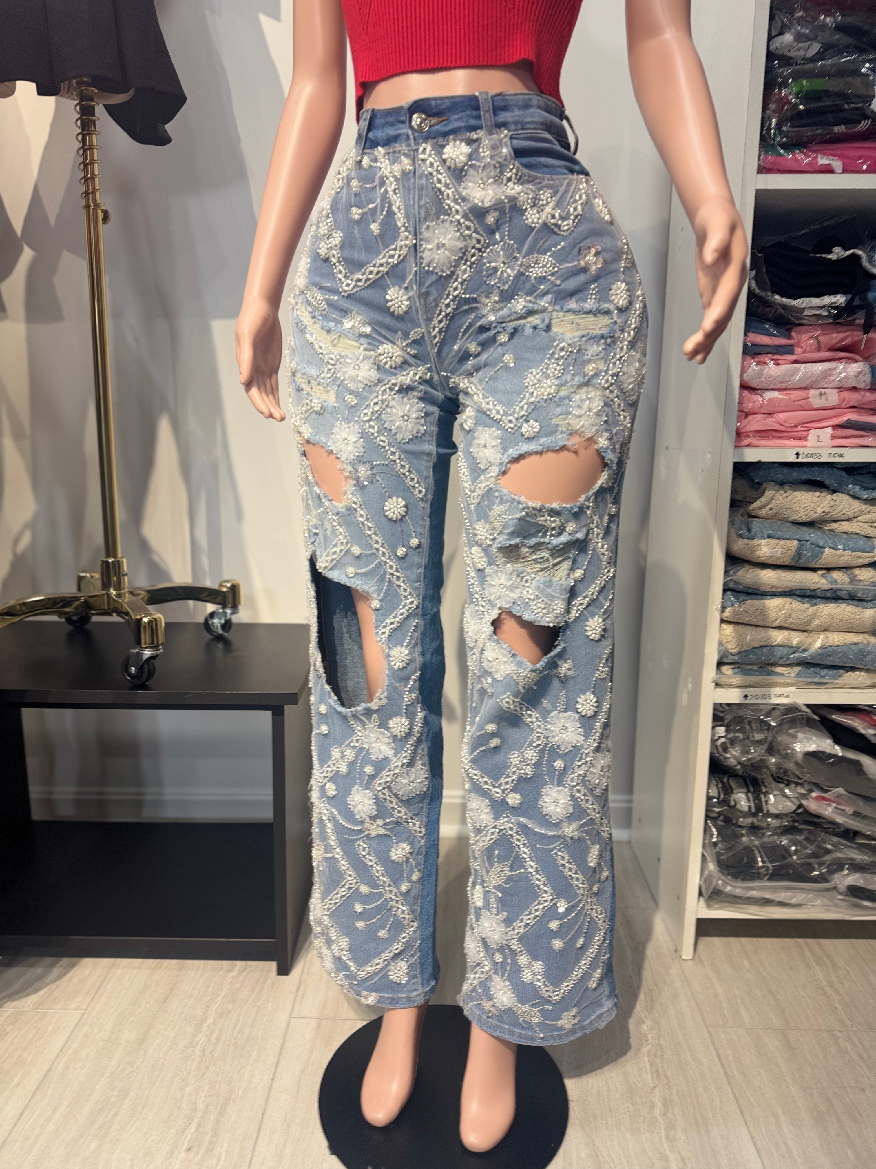 Crystal Urban Straight Jeans with Holes