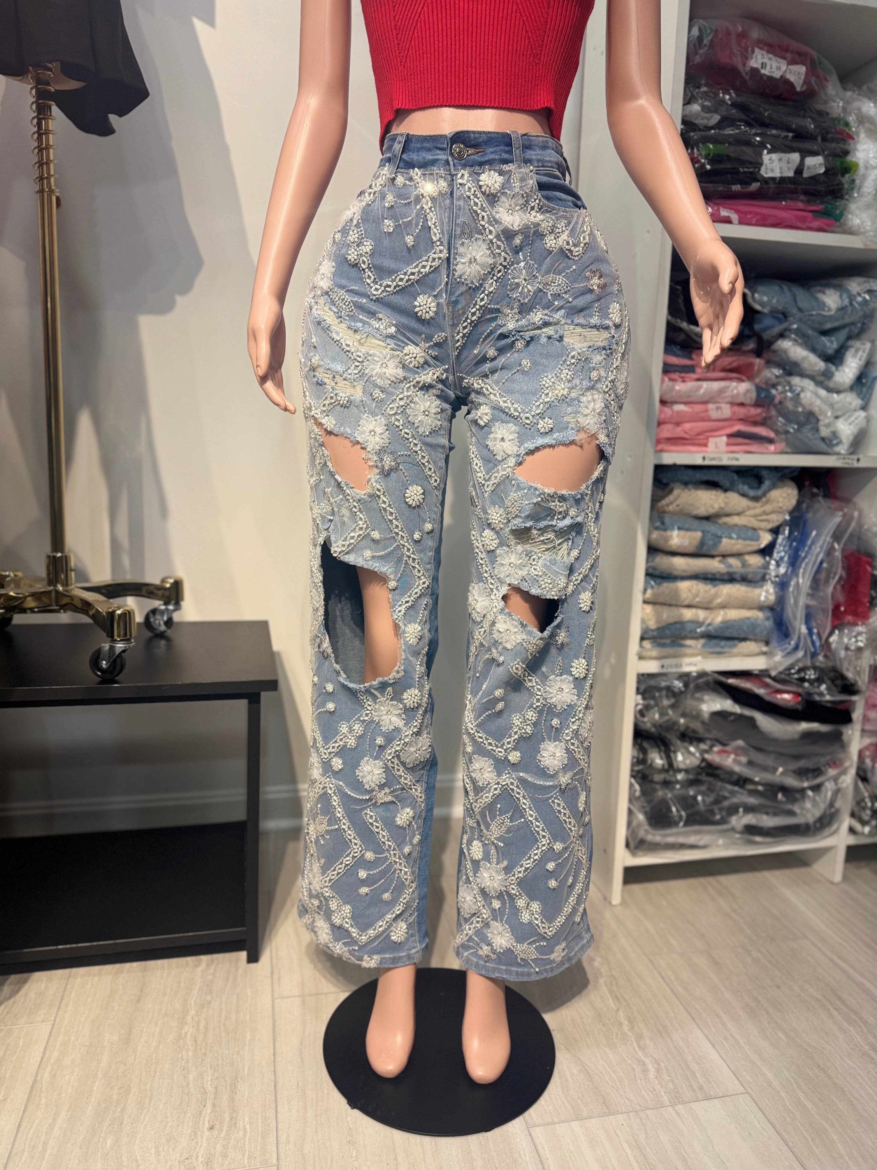 Crystal Urban Straight Jeans with Holes