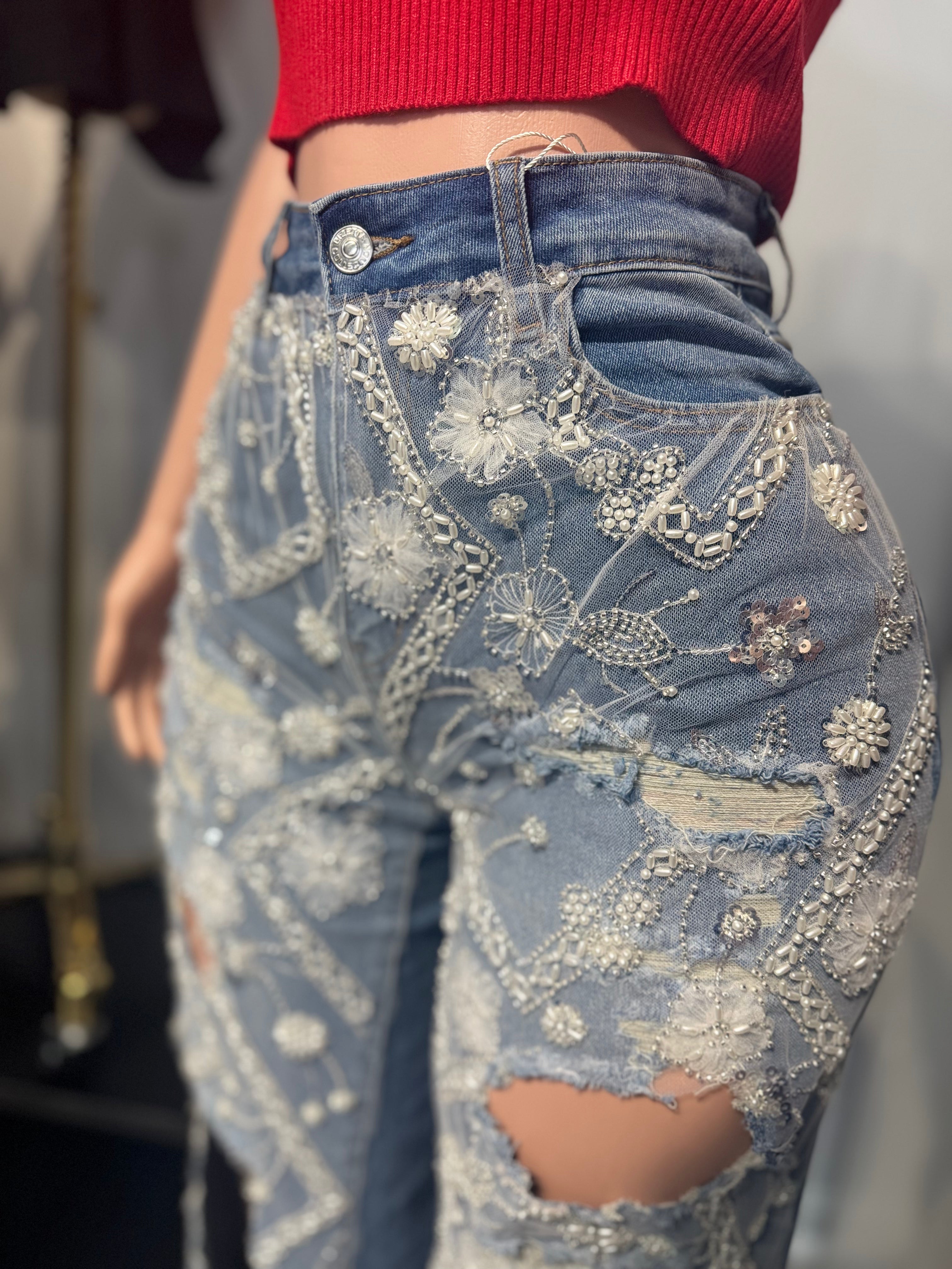 Crystal Urban Straight Jeans with Holes