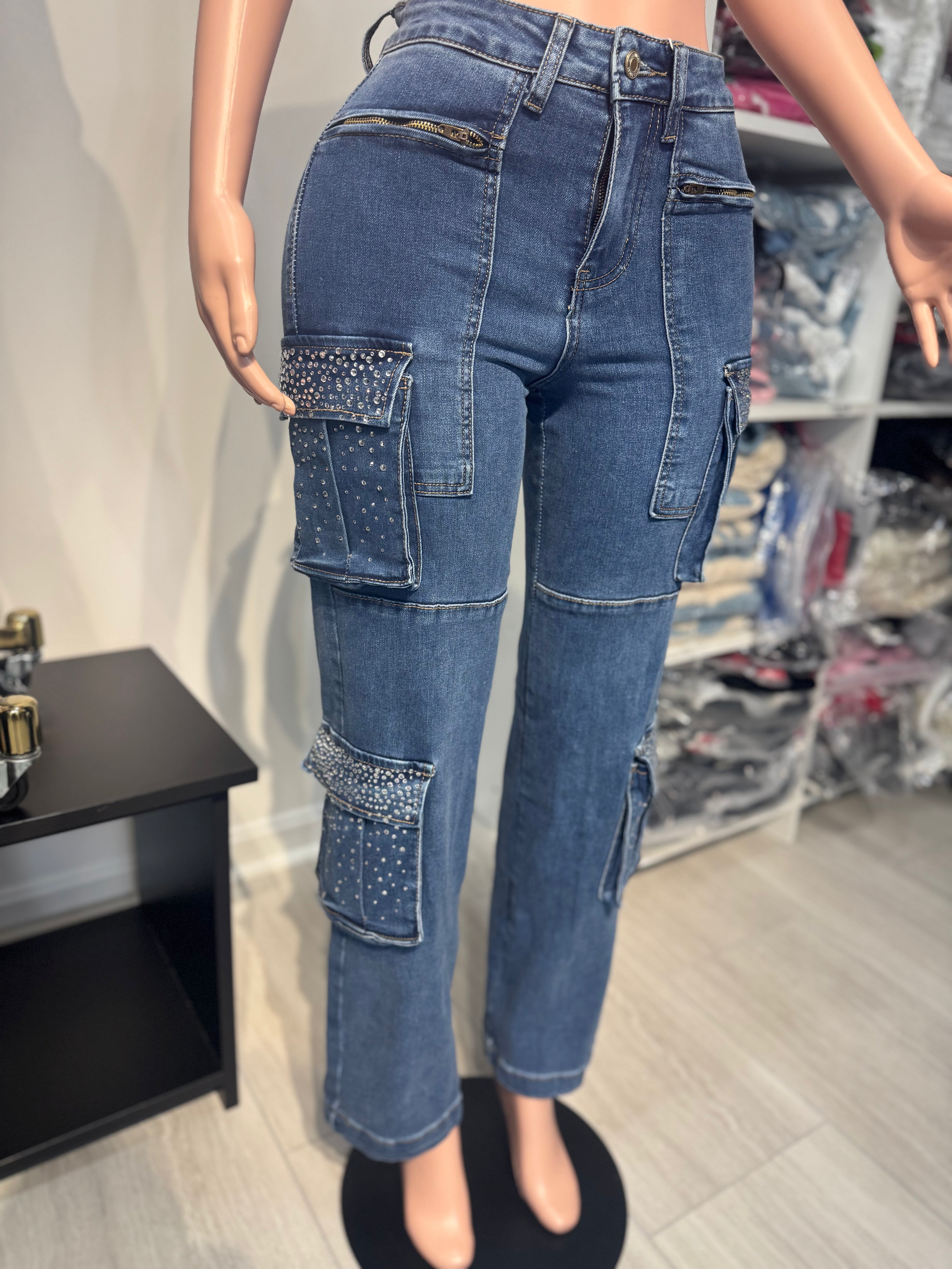 Urbany  Blue Jean Cargo Pants With Stone in the Pockets