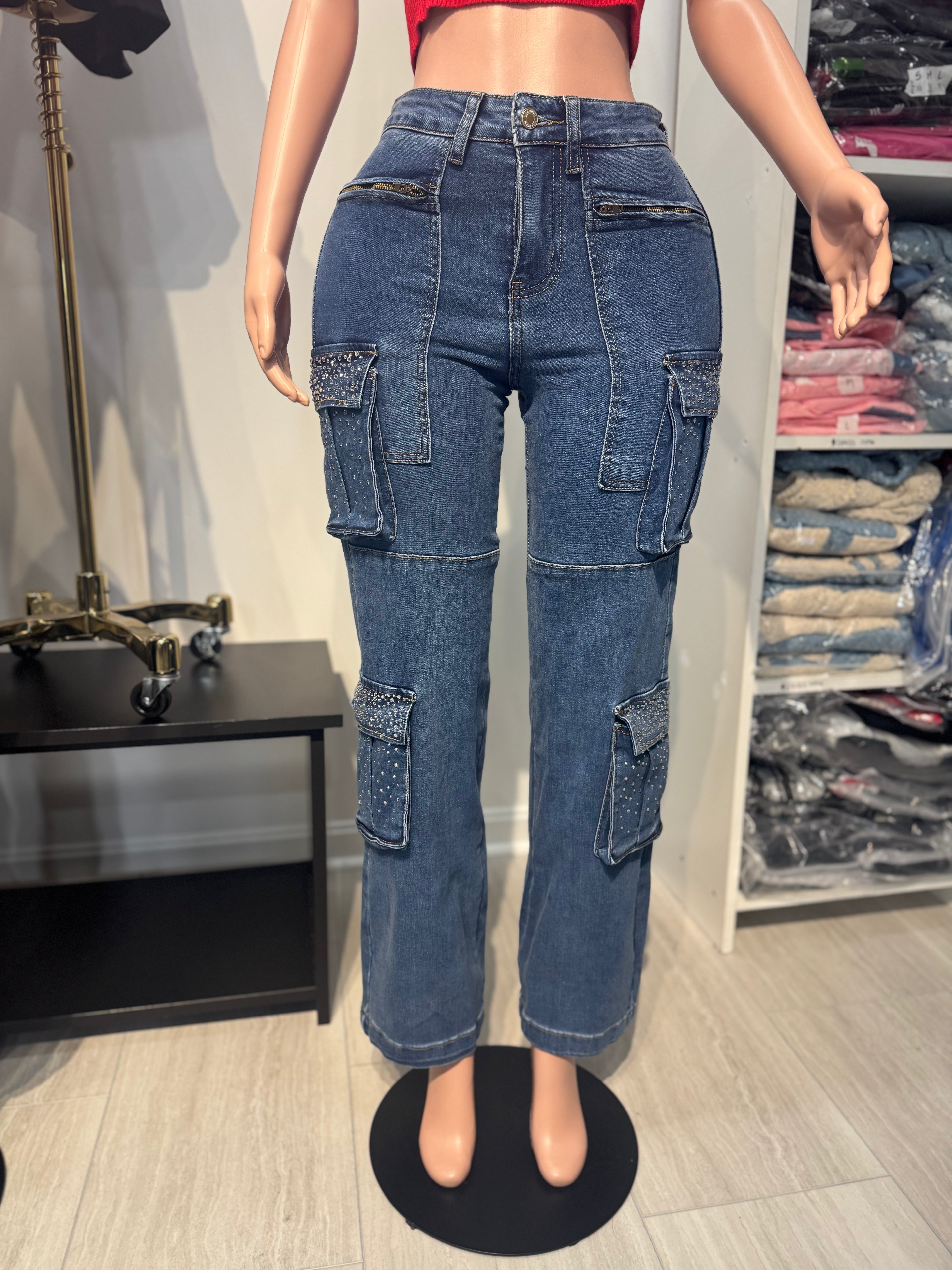 Urbany  Blue Jean Cargo Pants With Stone in the Pockets