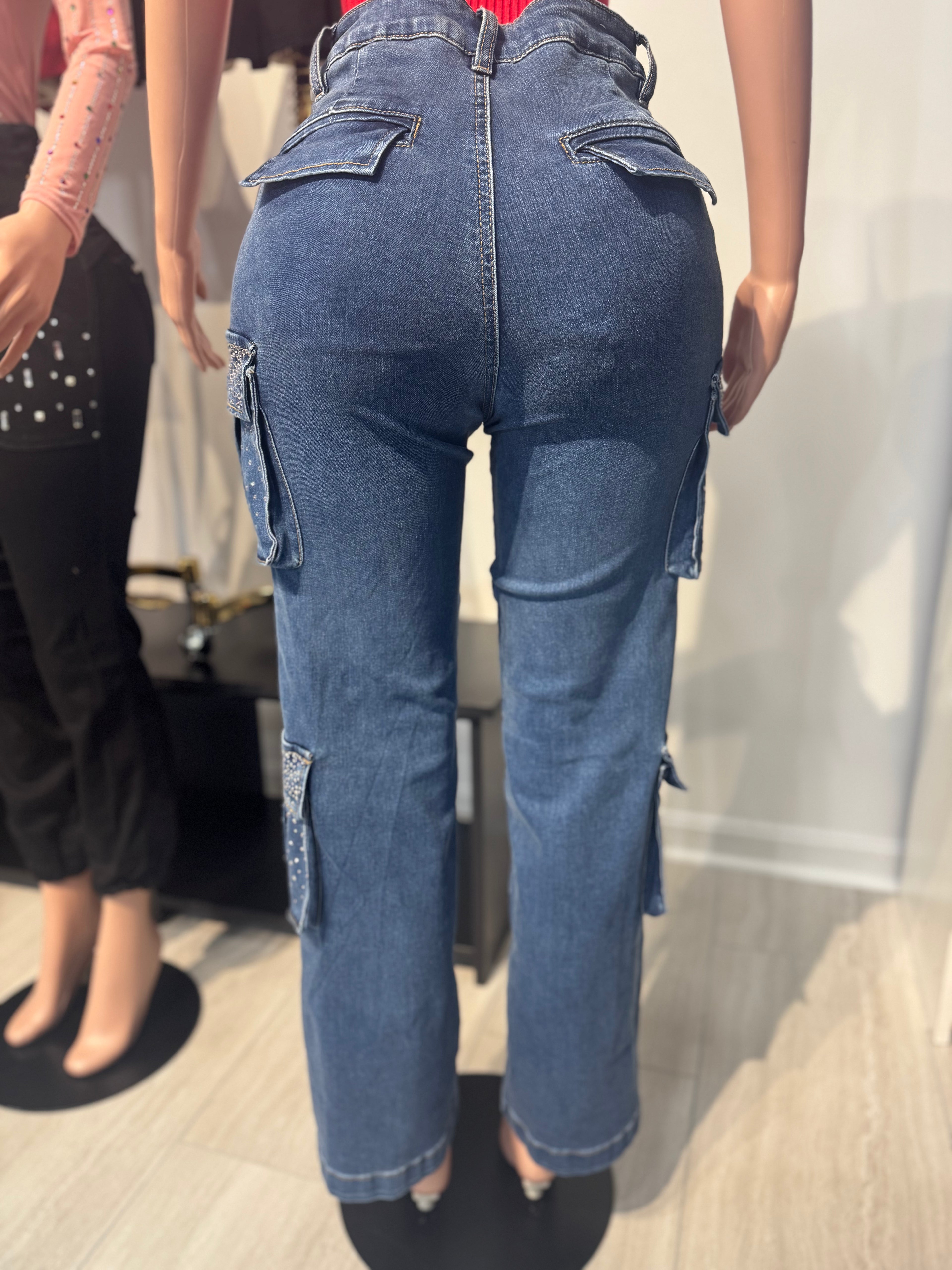 Urbany  Blue Jean Cargo Pants With Stone in the Pockets
