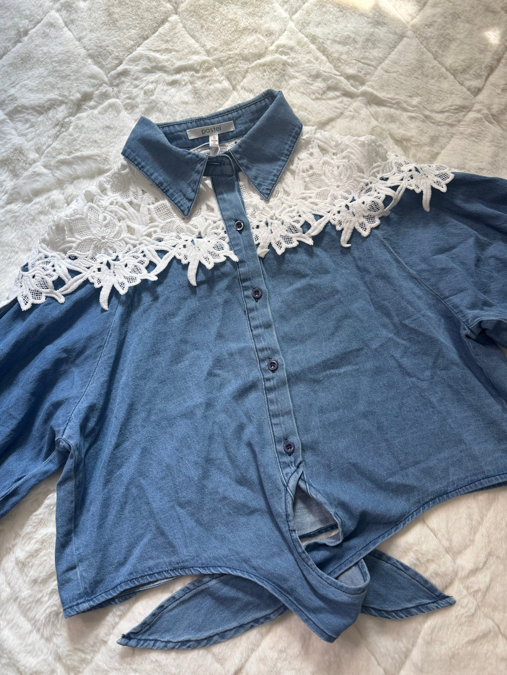 JJ14030 Pastel Denim & Crochet Harmony Blouse