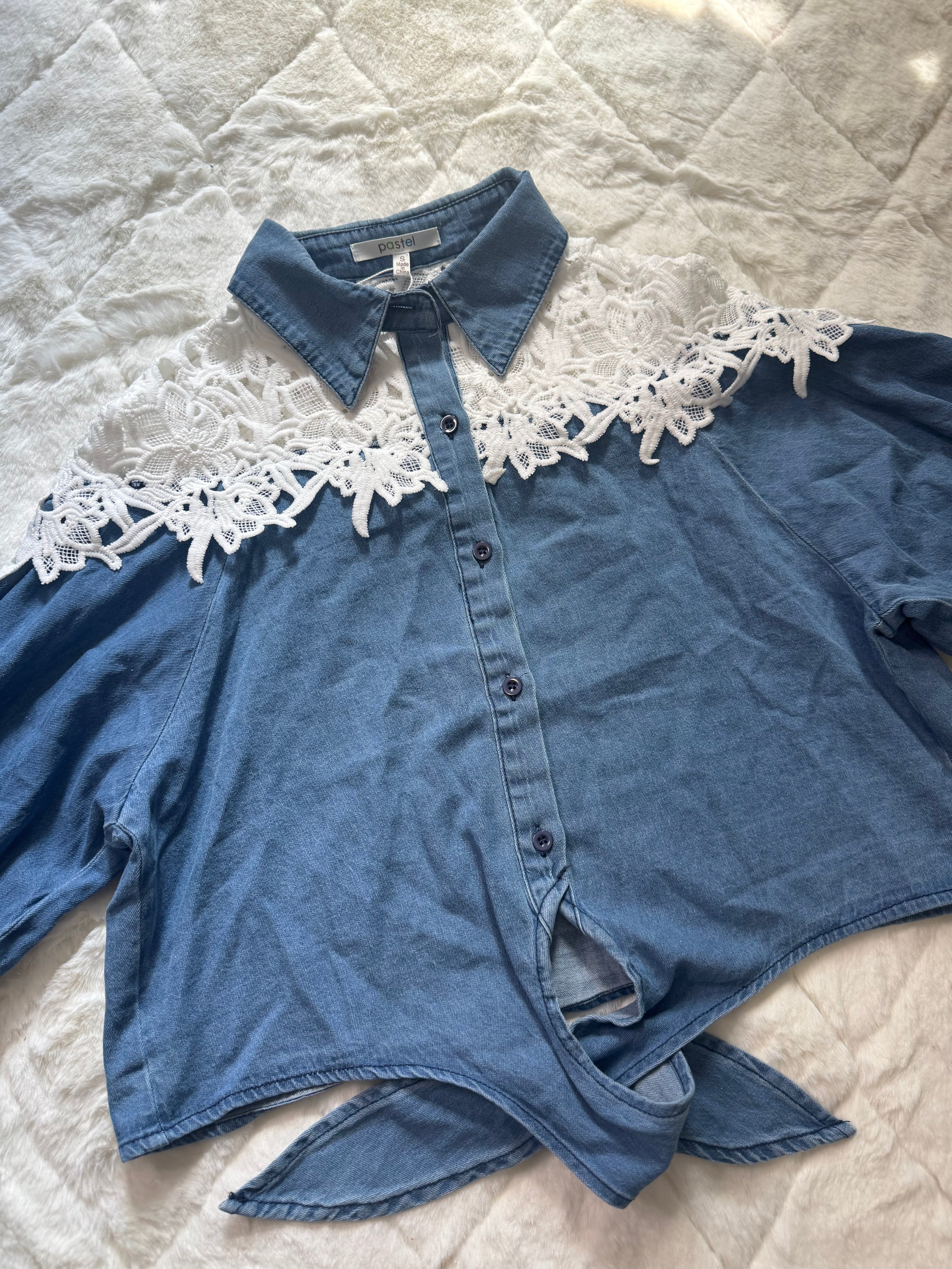 JJ14030 Pastel Denim & Crochet Harmony Blouse