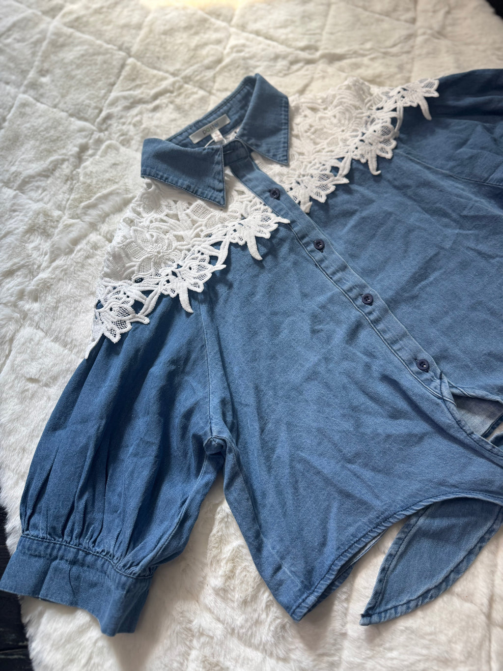 JJ14030 Pastel Denim & Crochet Harmony Blouse