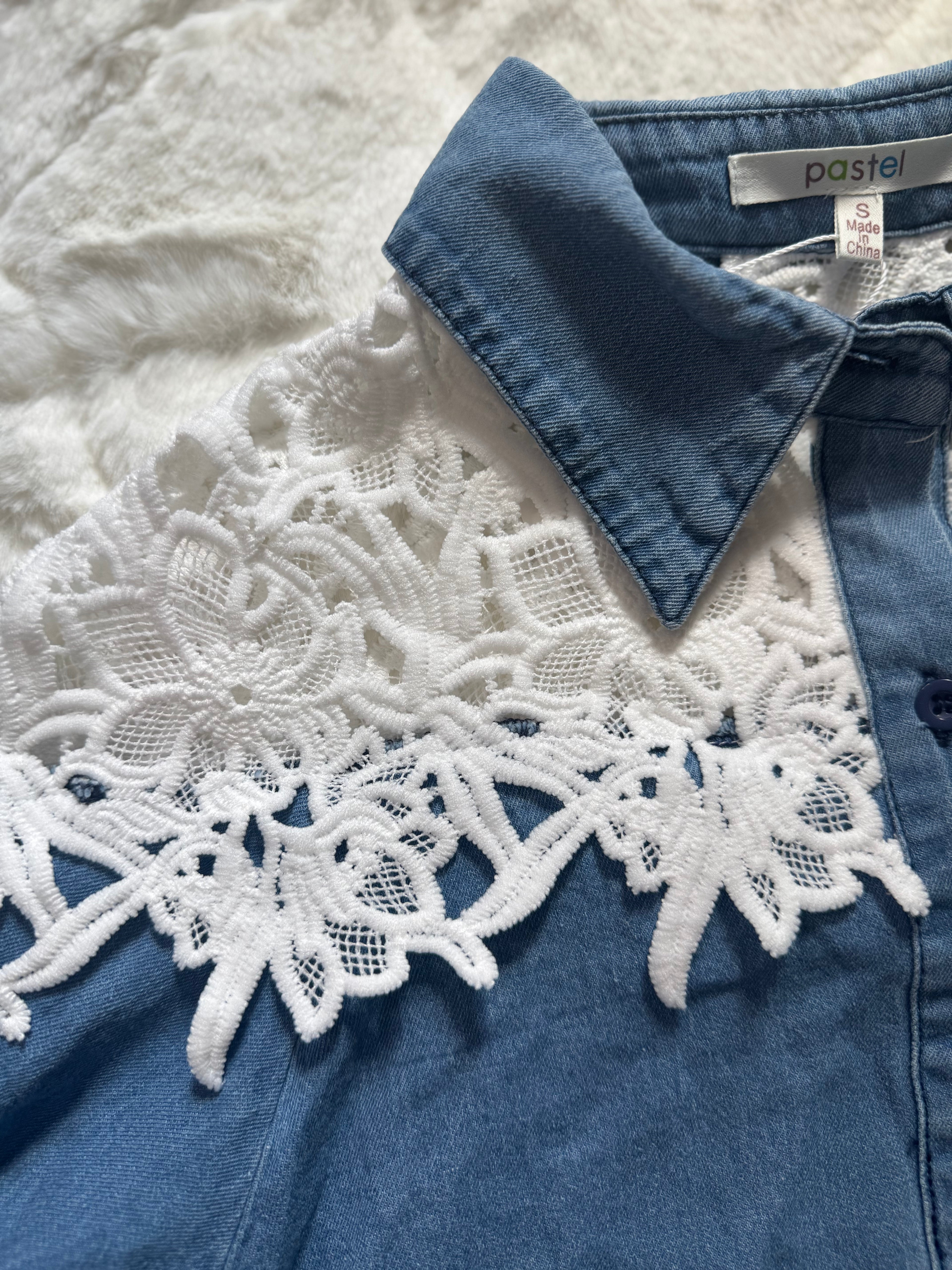 JJ14030 Pastel Denim & Crochet Harmony Blouse