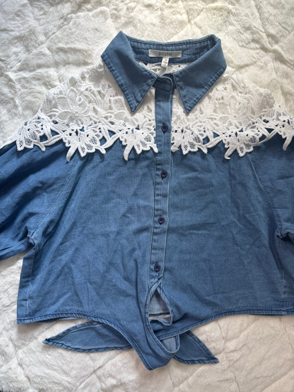 JJ14030 Pastel Denim & Crochet Harmony Blouse