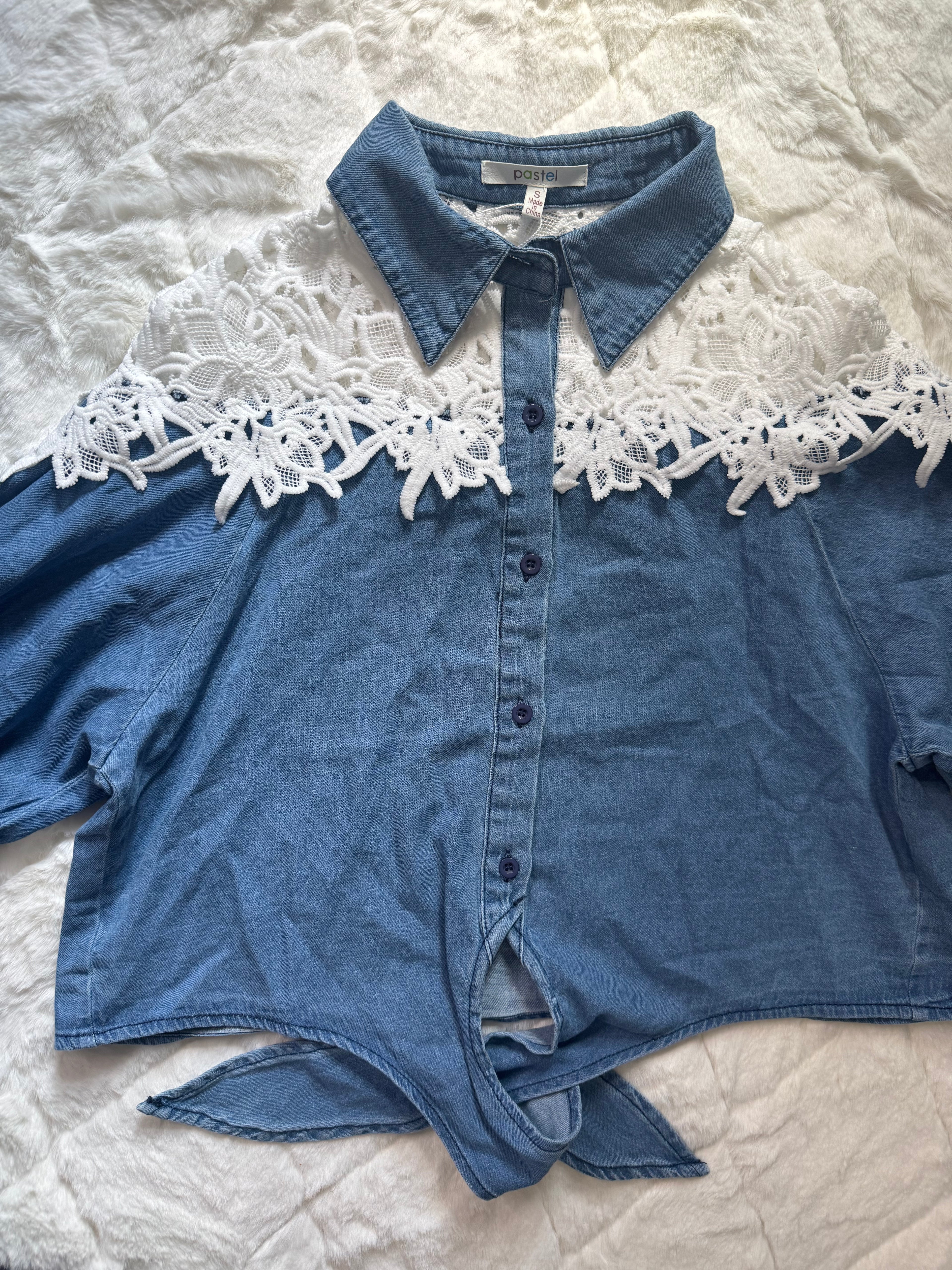 JJ14030 Pastel Denim & Crochet Harmony Blouse